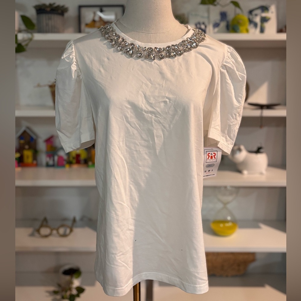 Embellished White Puff Sleeve Top